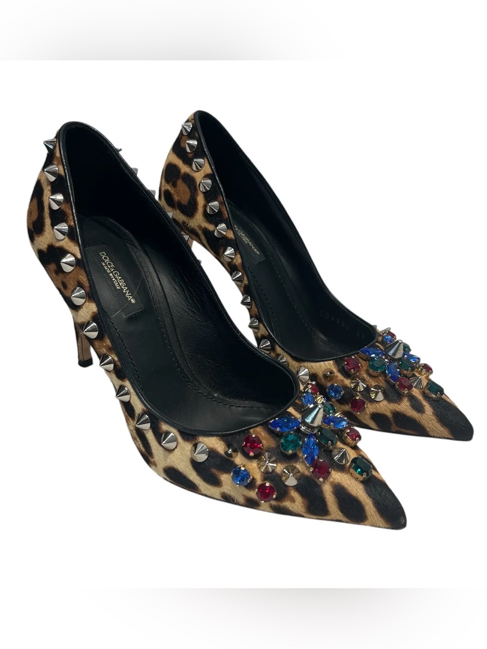 Dolce & Gabbana Leopard Haircalf Jeweled Pointed Pumps - Black & Brown